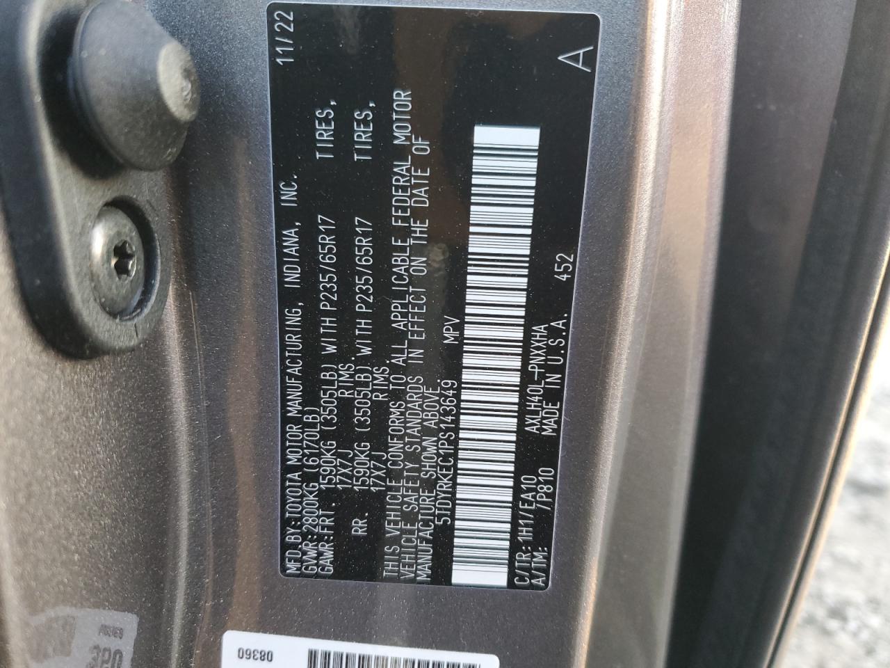 2023 TOYOTA SIENNA XLE VIN:5TDYRKEC1PS143649