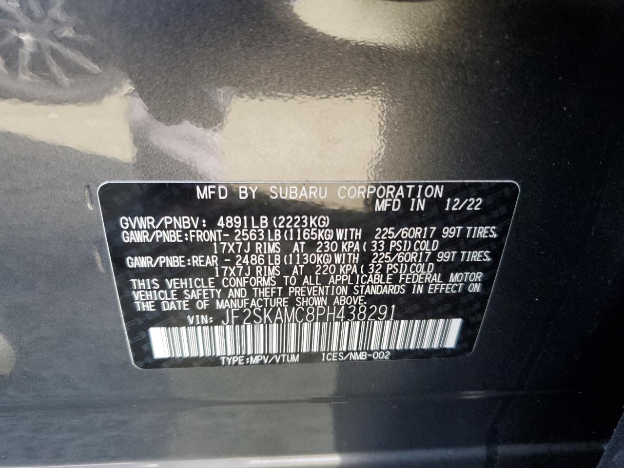 2023 SUBARU FORESTER WILDERNESS VIN:JF2SKAMC8PH438291