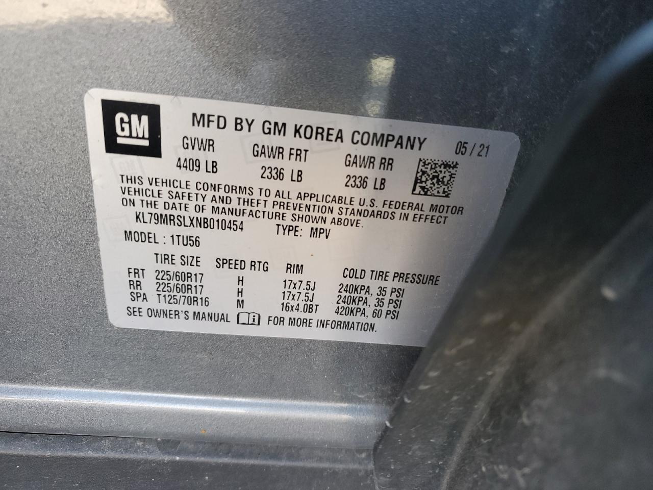 2022 CHEVROLET TRAILBLAZER LT VIN:KL79MRSLXNB010454