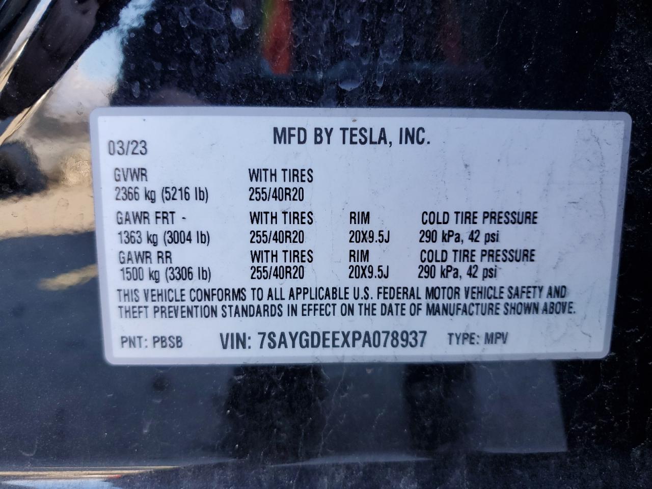 2023 TESLA MODEL Y VIN:7SAYGDEEXPA078937