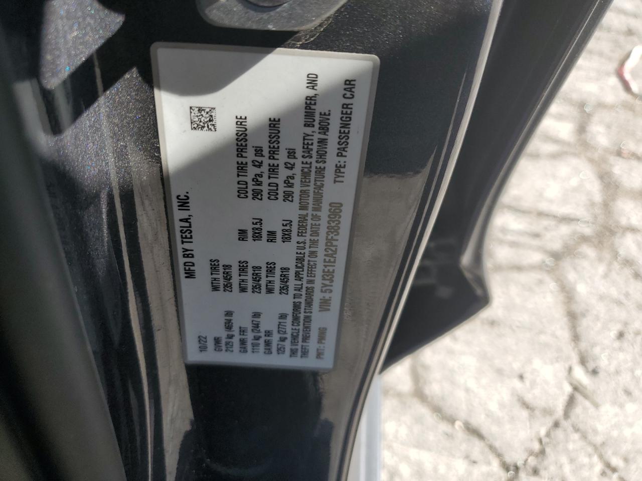 2023 TESLA MODEL 3 VIN:5YJ3E1EA2PF383960