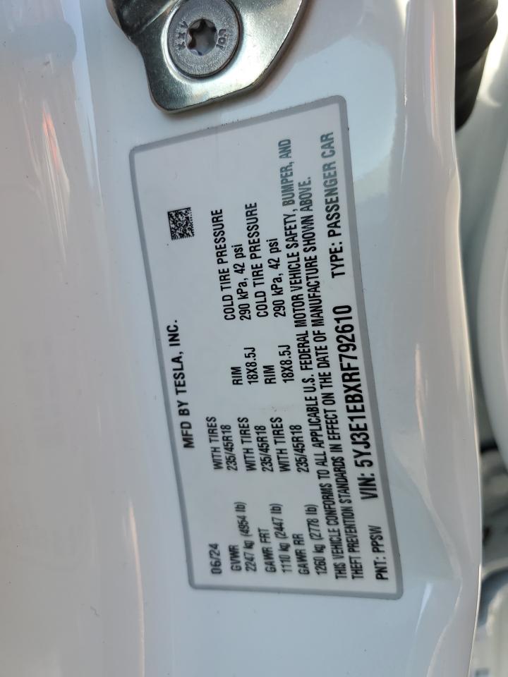 2024 TESLA MODEL 3 VIN:5YJ3E1EBXRF792610