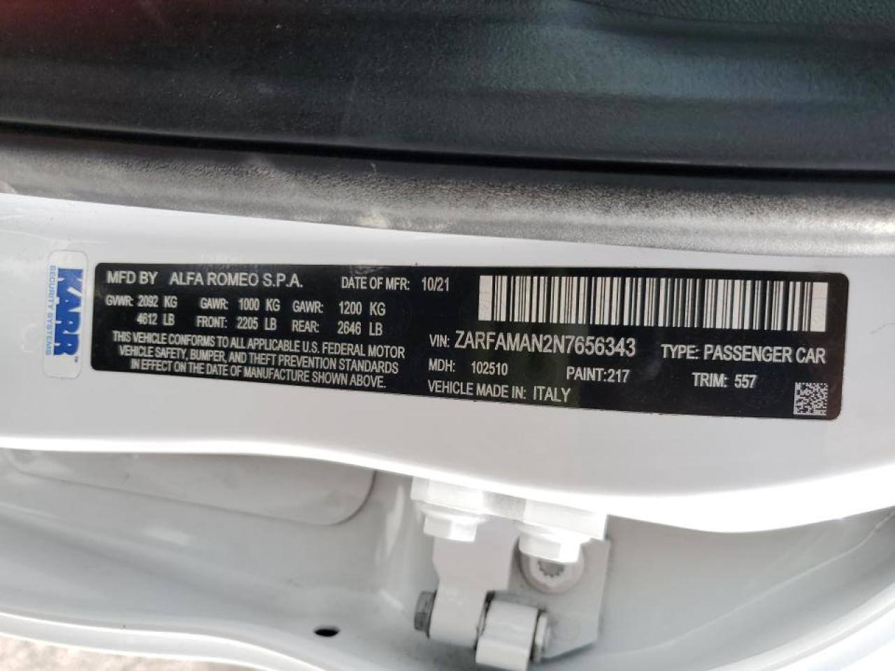 2022 ALFA ROMEO GIULIA VIN:ZARFAMAN2N7656343