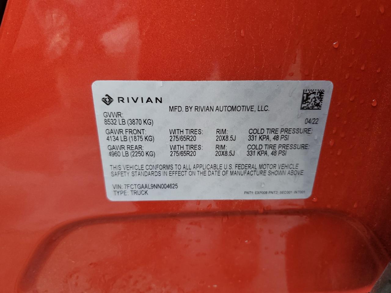 2022 RIVIAN R1T LAUNCH EDITION VIN:7FCTGAAL9NN004625