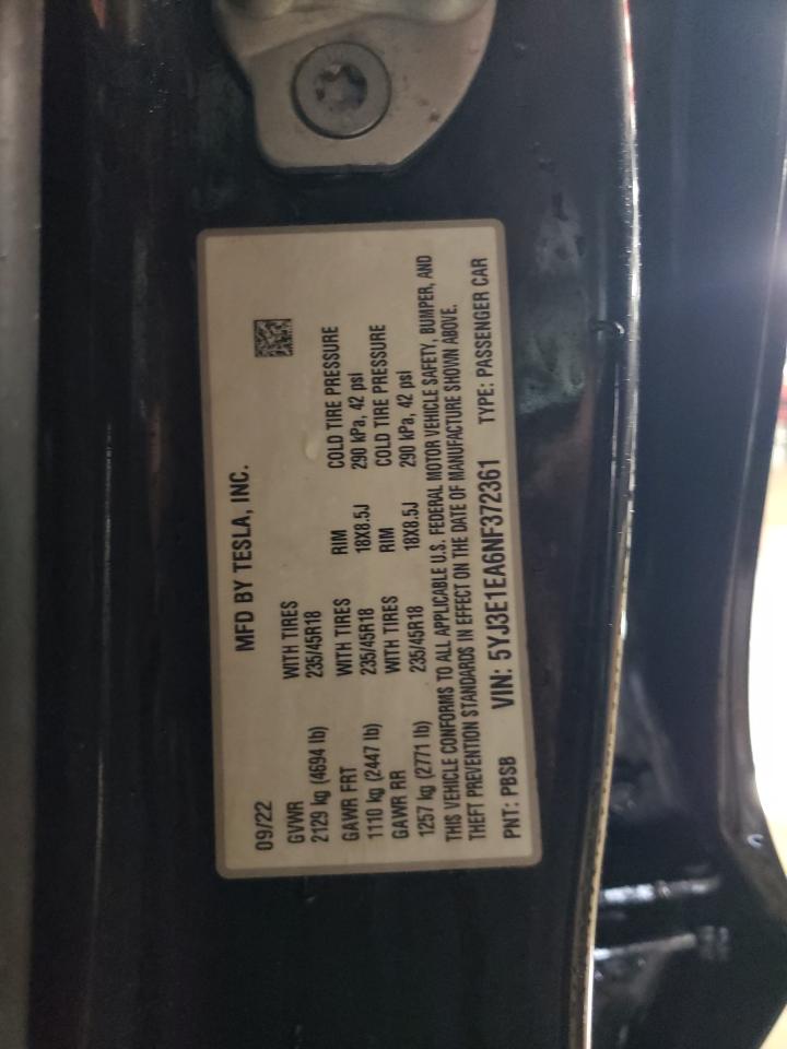 2022 TESLA MODEL 3 VIN:5YJ3E1EA6NF372361