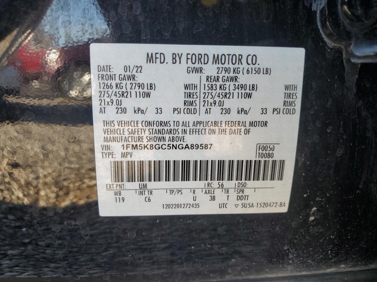 2022 FORD EXPLORER ST VIN:1FM5K8GC5NGA89587