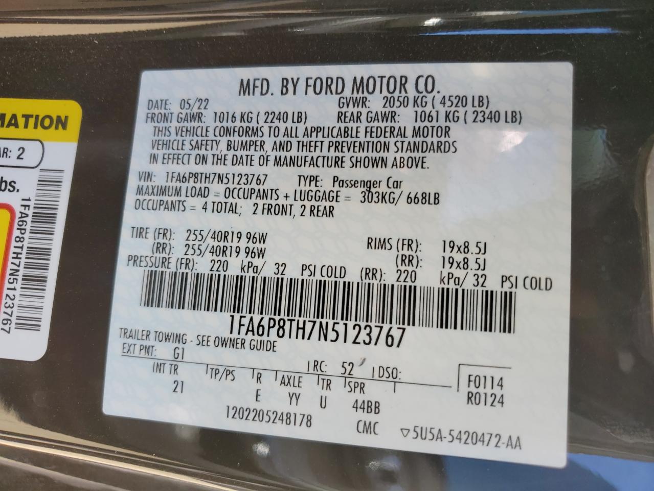 2022 FORD MUSTANG VIN:1FA6P8TH7N5123767