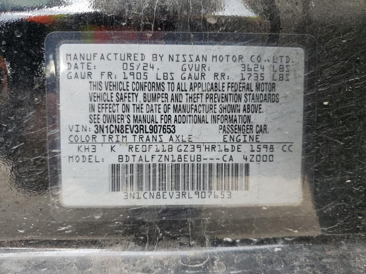 2024 NISSAN VERSA SV VIN:3N1CN8EV3RL907653