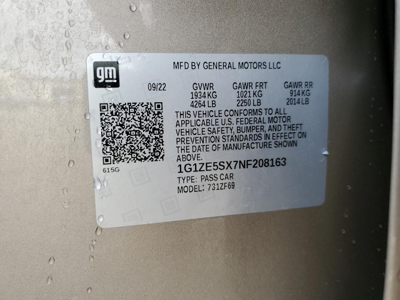 2022 CHEVROLET MALIBU PREMIER VIN:1G1ZE5SX7NF208163