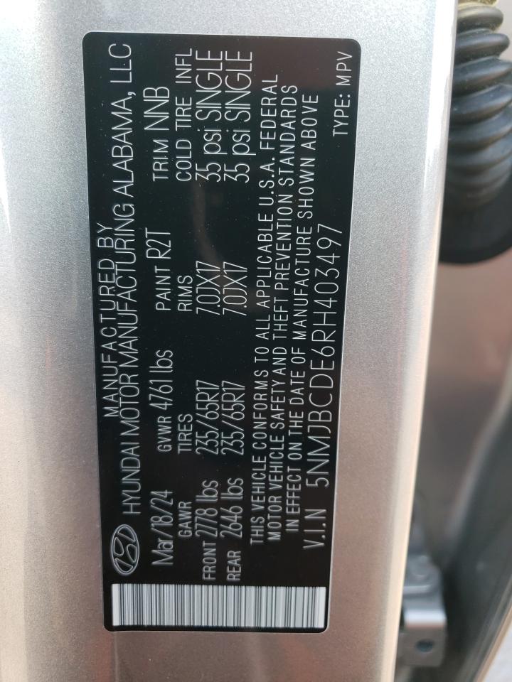 2024 HYUNDAI TUCSON SEL VIN:5NMJBCDE6RH403497