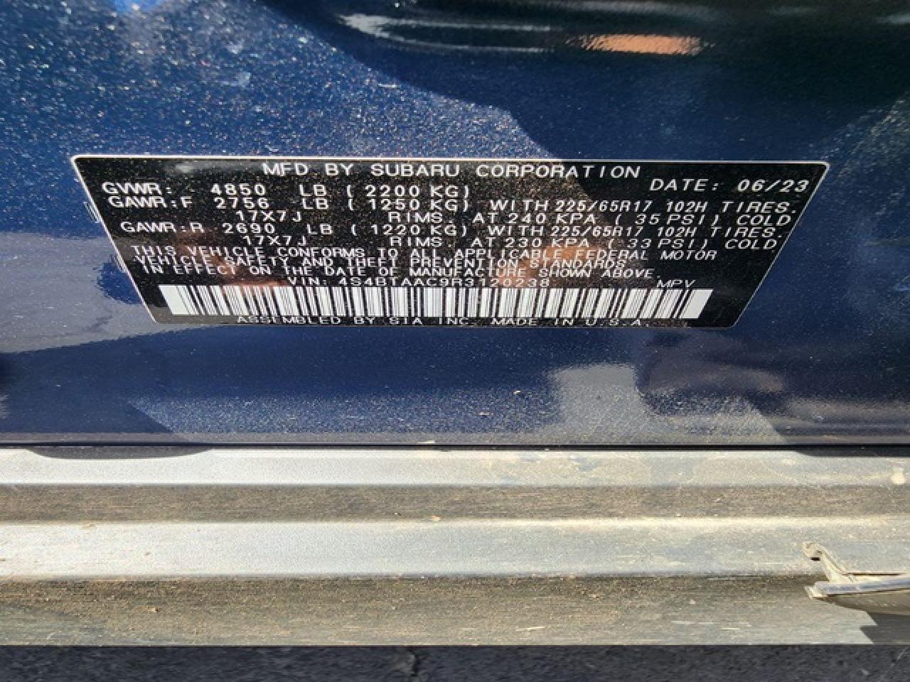 2024 SUBARU OUTBACK VIN:4S4BTAAC9R3120238