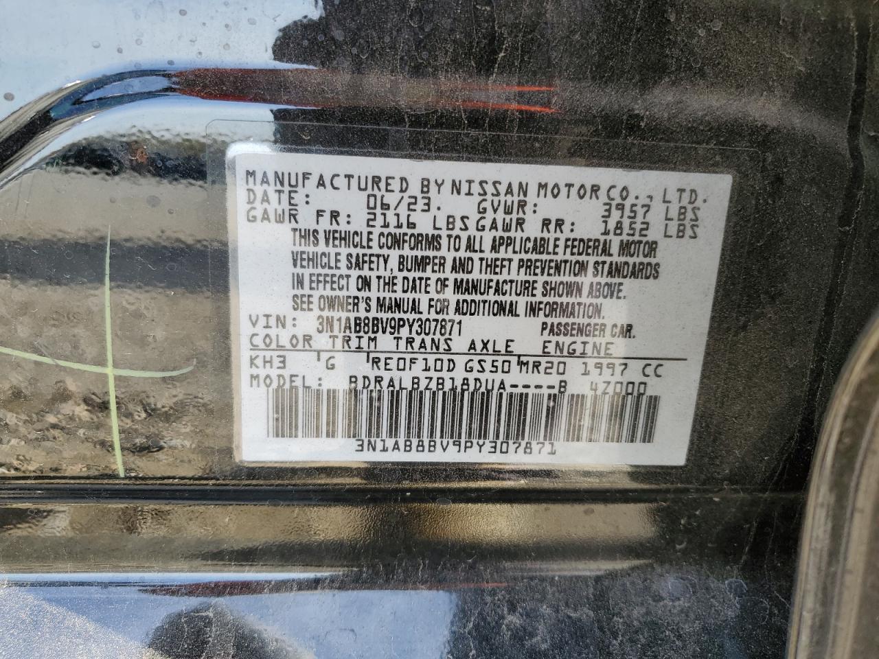 2023 NISSAN SENTRA S VIN:3N1AB8BV9PY307871