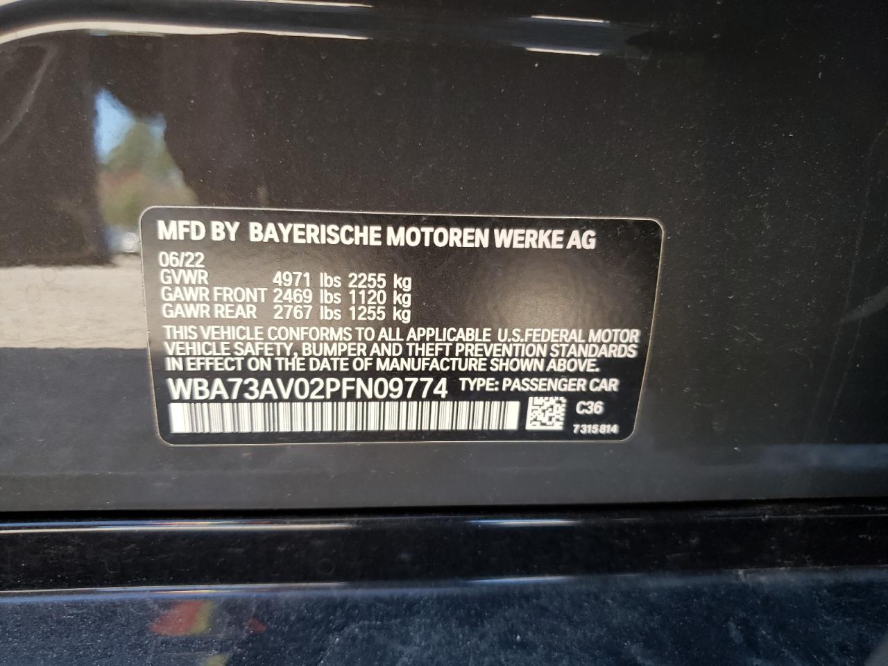 2023 BMW 430XI GRAN COUPE VIN:WBA73AV02PFN09774