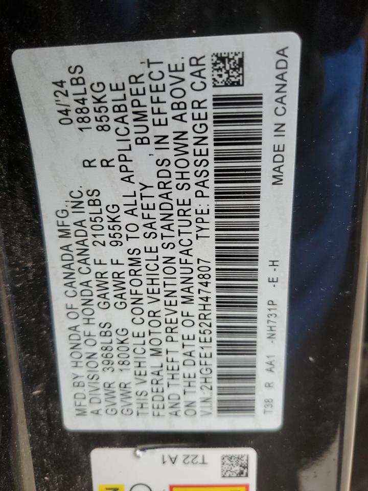 2024 HONDA CIVIC SI VIN:2HGFE1E52RH474807
