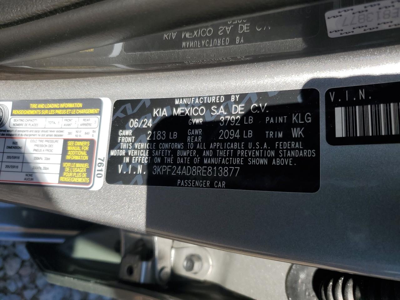 2024 KIA FORTE LX VIN:3KPF24AD8RE813877