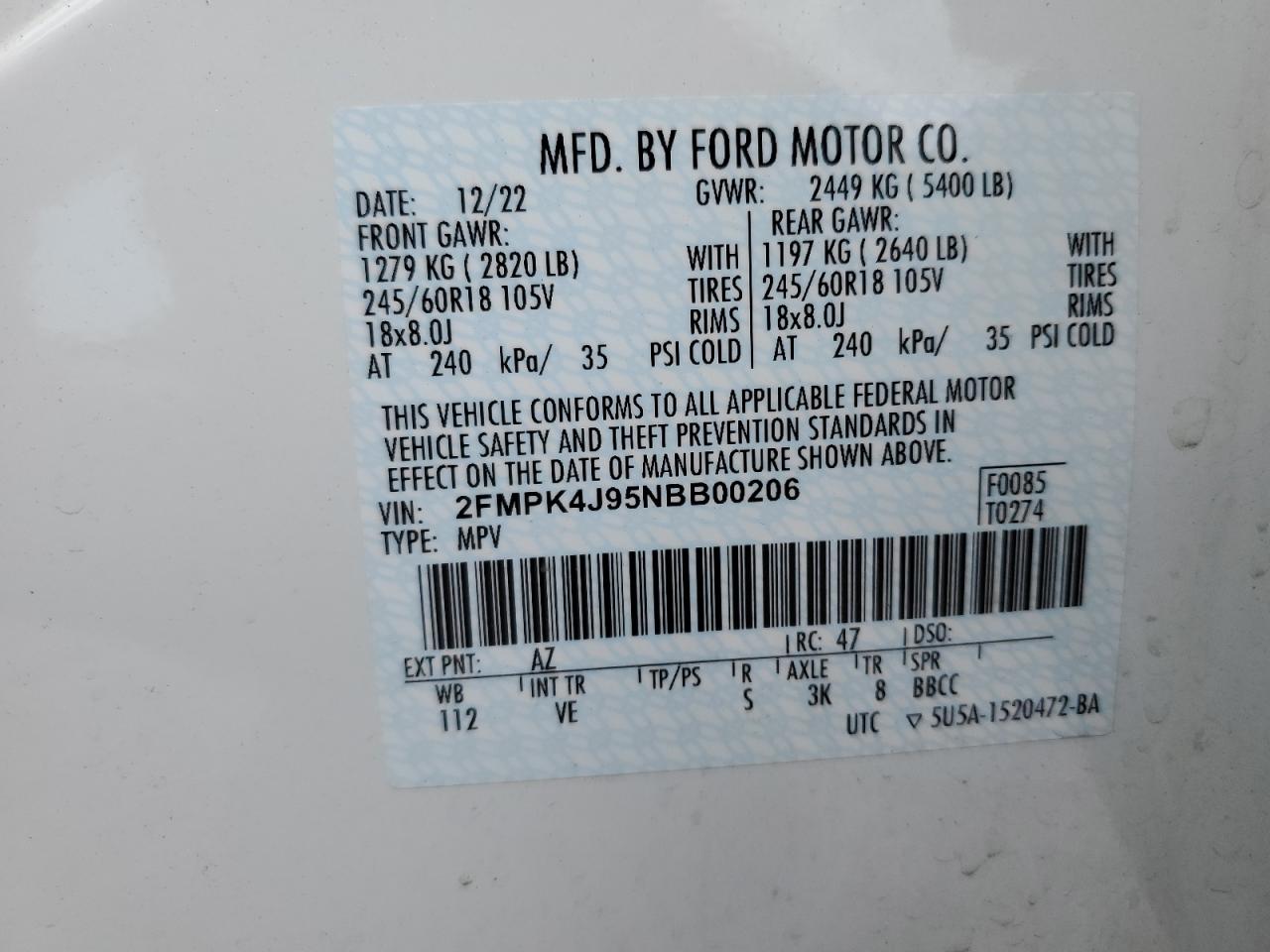 2022 FORD EDGE SEL VIN:2FMPK4J95NBB00206