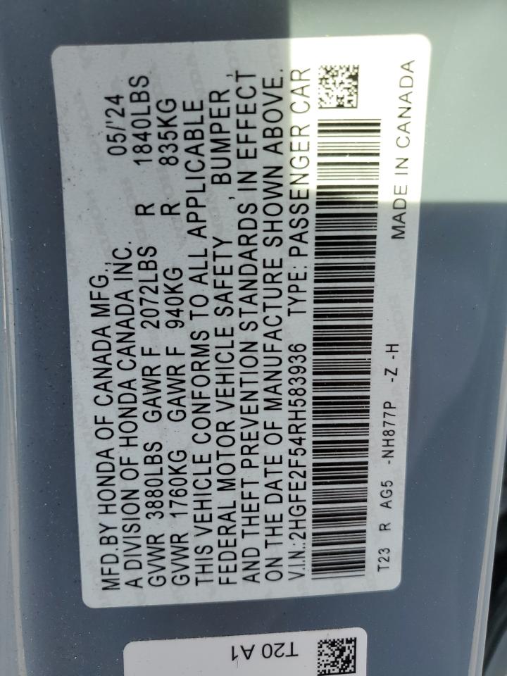 2024 HONDA CIVIC SPORT VIN:2HGFE2F54RH583936