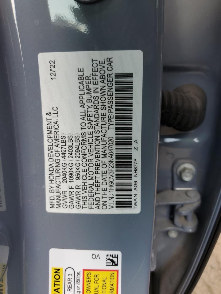 2022 HONDA ACCORD HYBRID SPORT VIN:1HGCV3F23NA047020
