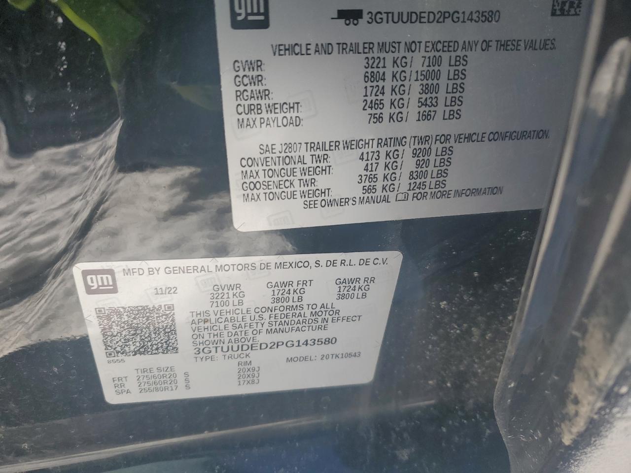 2023 GMC SIERRA K1500 SLT VIN:3GTUUDED2PG143580