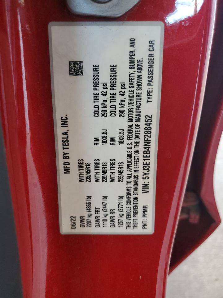 2022 TESLA MODEL 3 VIN:5YJ3E1EB4NF288452