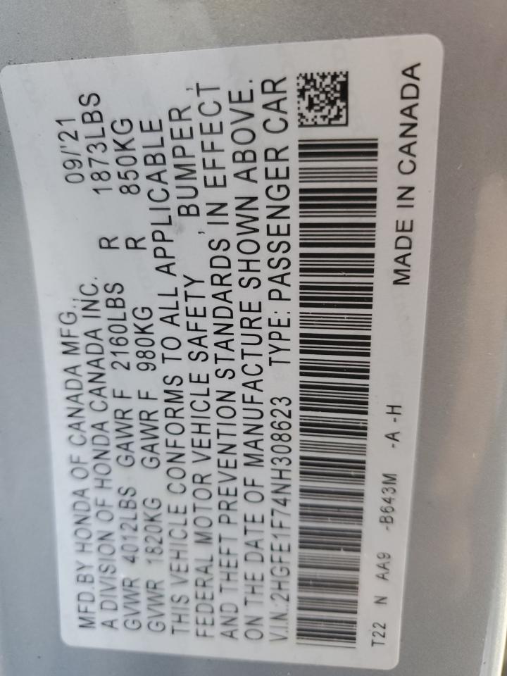 2022 HONDA CIVIC EX VIN:5TDDK3EHXDS261988