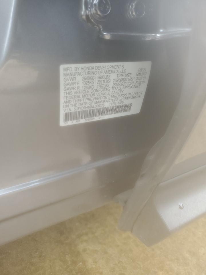 2022 ACURA MDX TECHNOLOGY VIN:5J8YD9H40NL006276