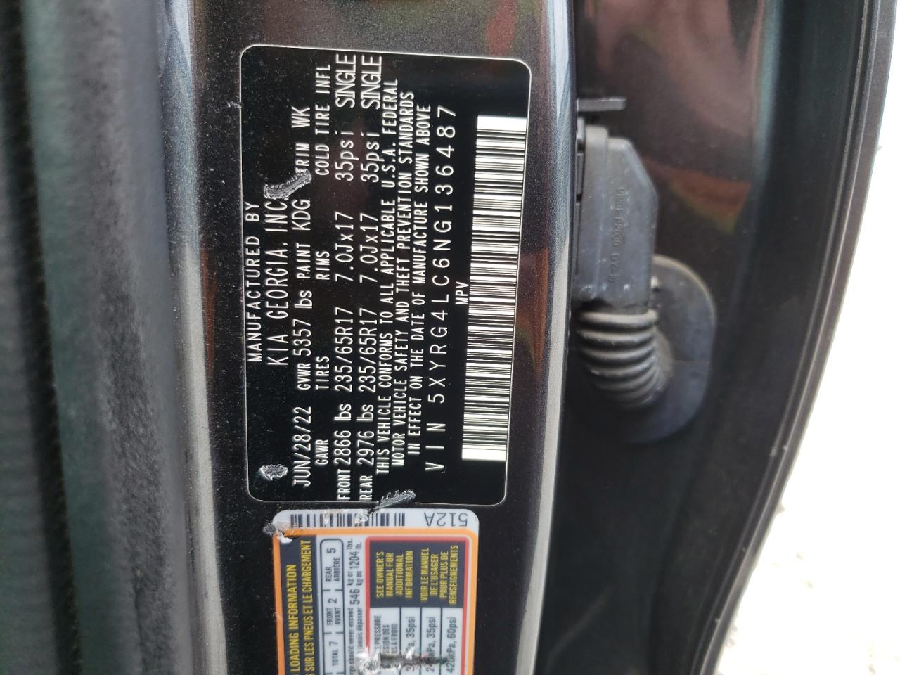 2022 KIA SORENTO LX VIN:5XYRG4LC6NG136487