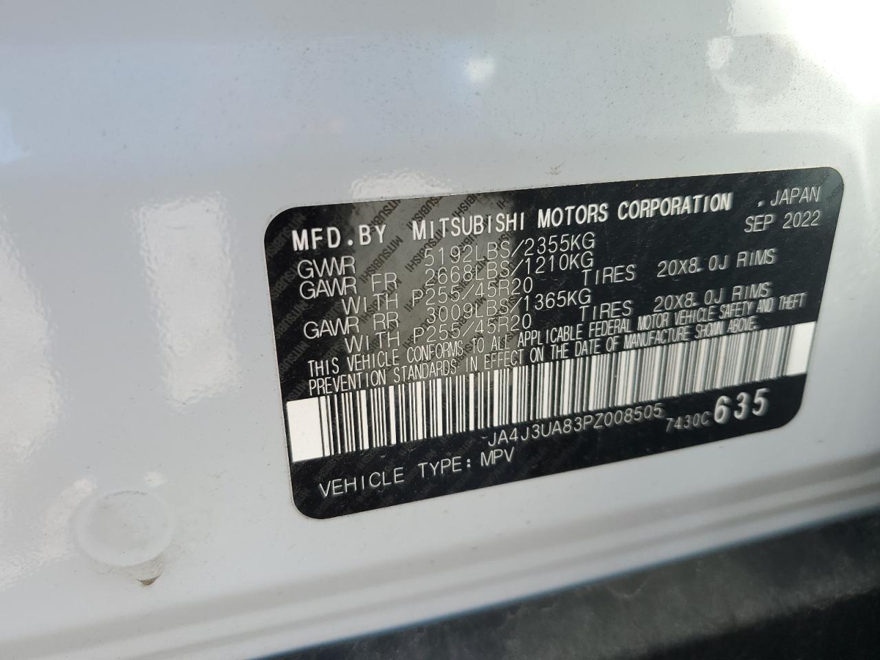 2023 MITSUBISHI OUTLANDER SE VIN:JA4J3UA83PZ008505