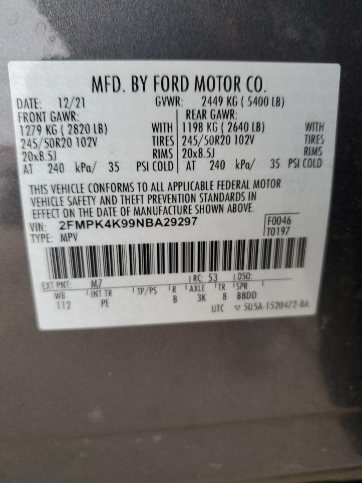 2022 FORD EDGE TITANIUM VIN:2FMPK4K99NBA29297