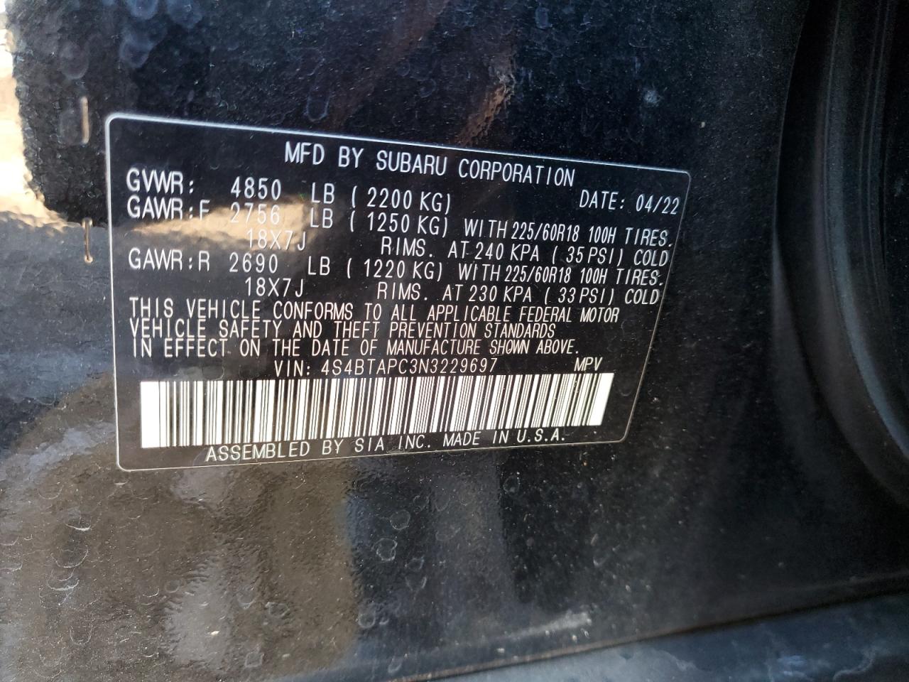 2022 SUBARU OUTBACK TOURING VIN:4S4BTAPC3N3229697