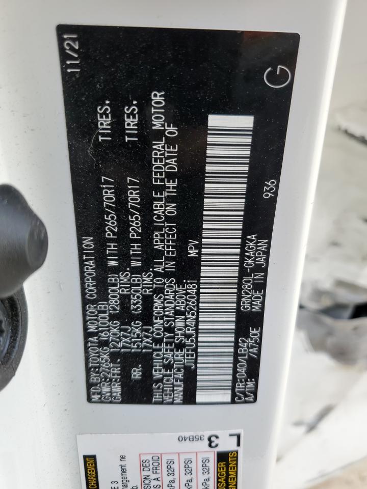 2022 TOYOTA 4RUNNER SR5 VIN:JTEFU5JR4N5260481