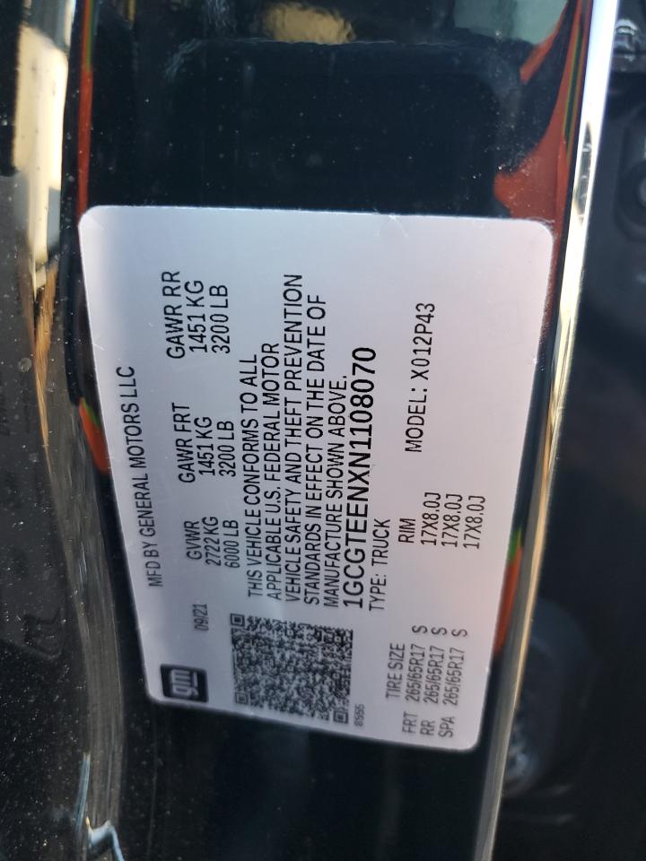 2022 CHEVROLET COLORADO ZR2 VIN:1GCGTEENXN1108070