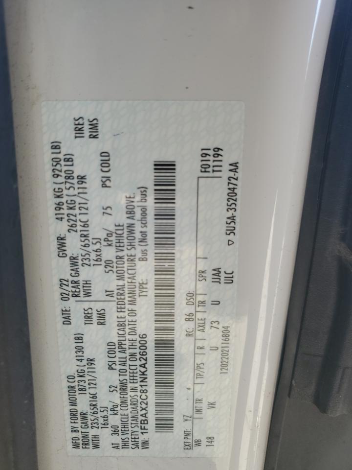2022 FORD TRANSIT T-350 VIN:1FBAX2C81NKA26006