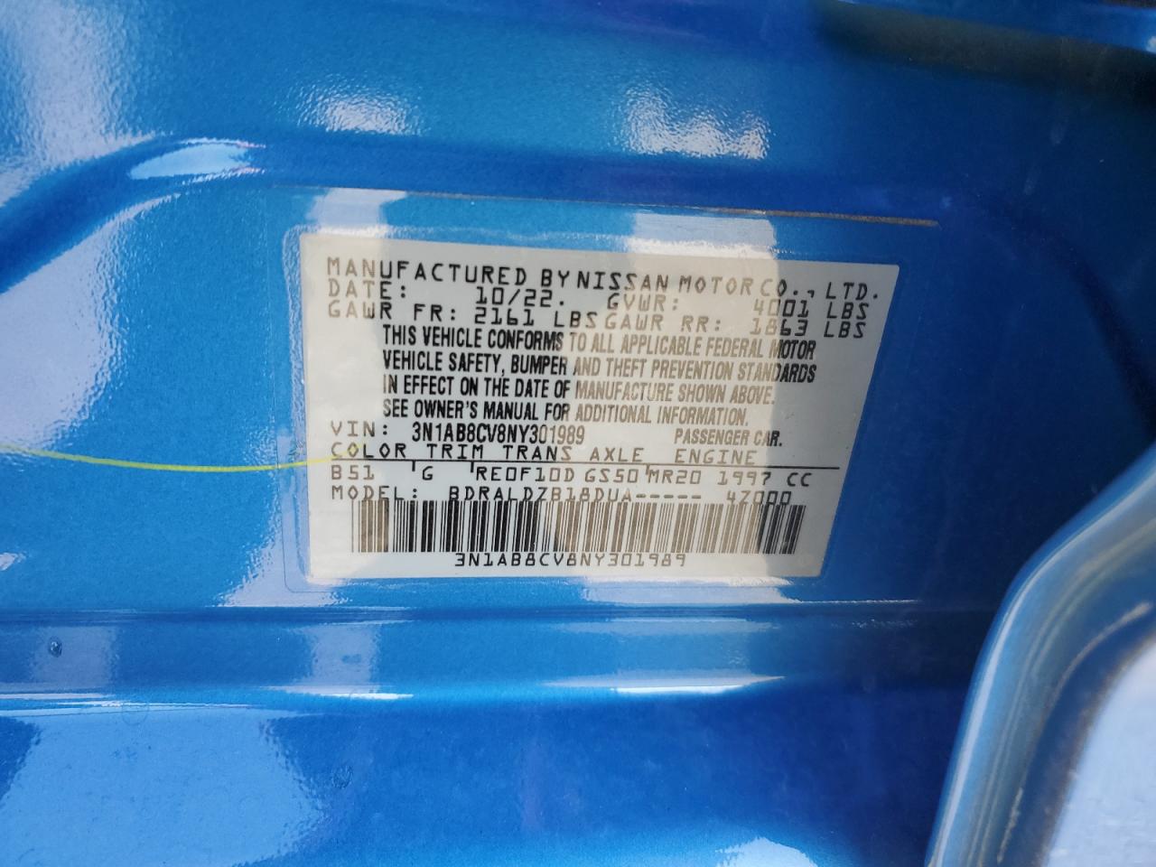 2022 NISSAN SENTRA SV VIN:3N1AB8CV8NY301989