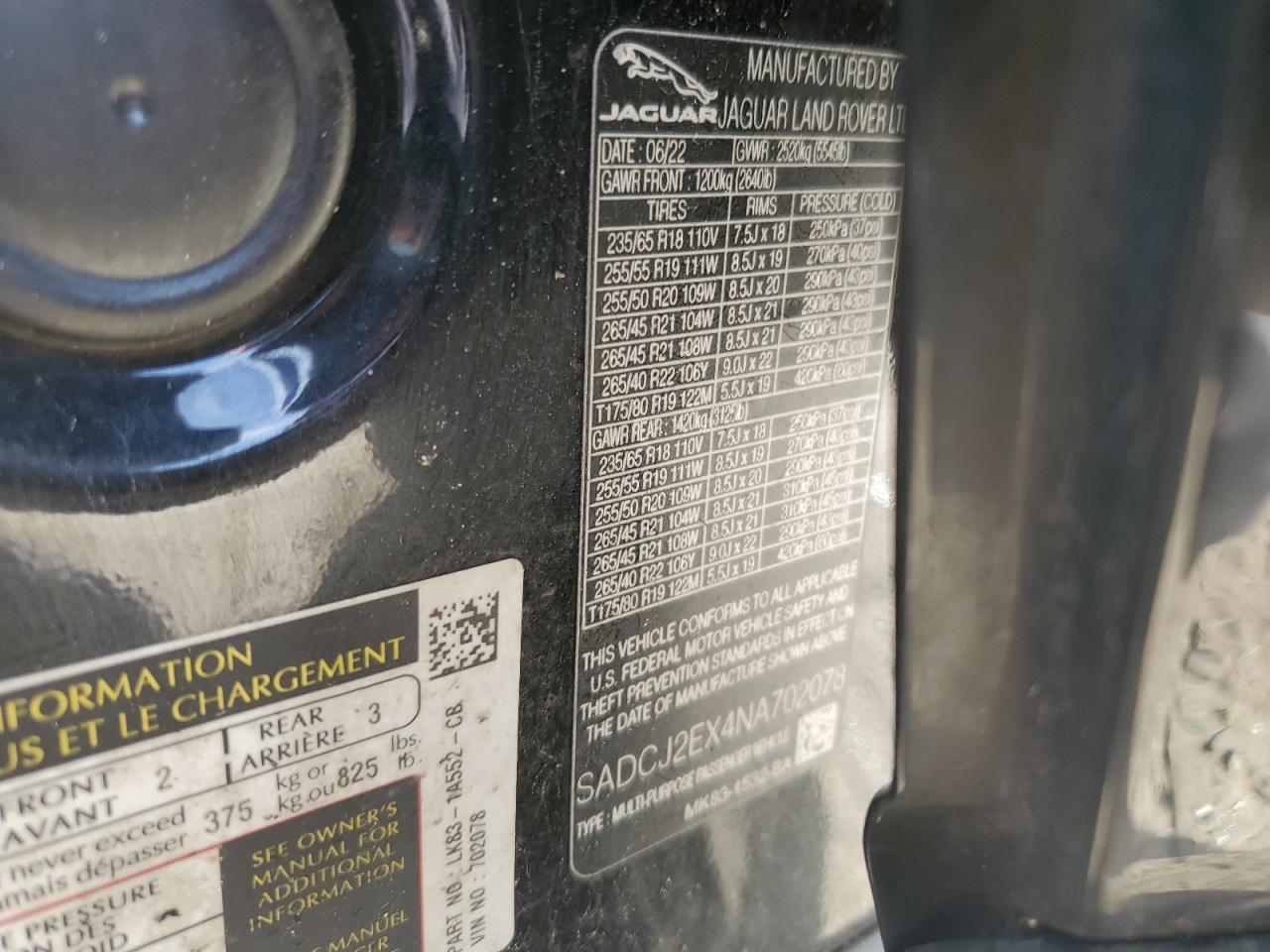 2022 JAGUAR F-PACE S VIN:SADCJ2EX4NA702078