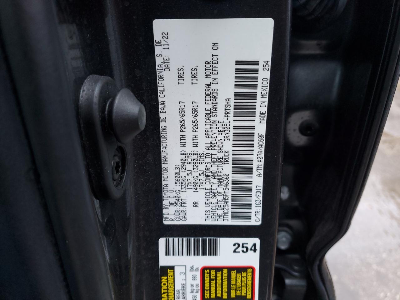 2023 TOYOTA TACOMA DOUBLE CAB VIN:3TMCZ5AN5PM546360