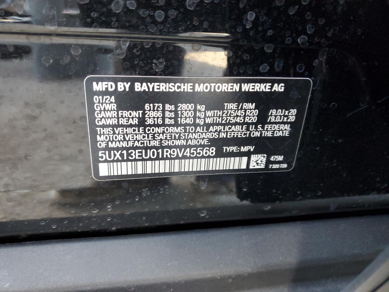 2024 BMW X5 SDRIVE 40I VIN:5UX13EU01R9V45568