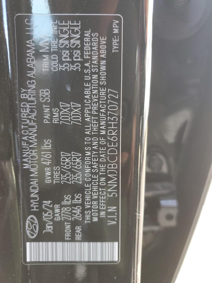 2024 HYUNDAI TUCSON SEL VIN:5NMJBCDE6RH370727