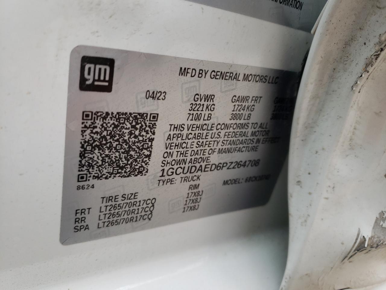 2023 CHEVROLET SILVERADO K1500 VIN:1GCUDAED6PZ264708