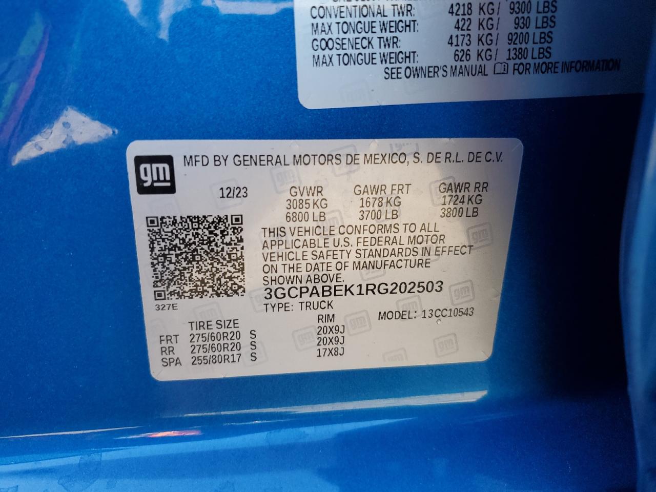 2024 CHEVROLET SILVERADO C1500 CUSTOM VIN:3GCPABEK1RG202503