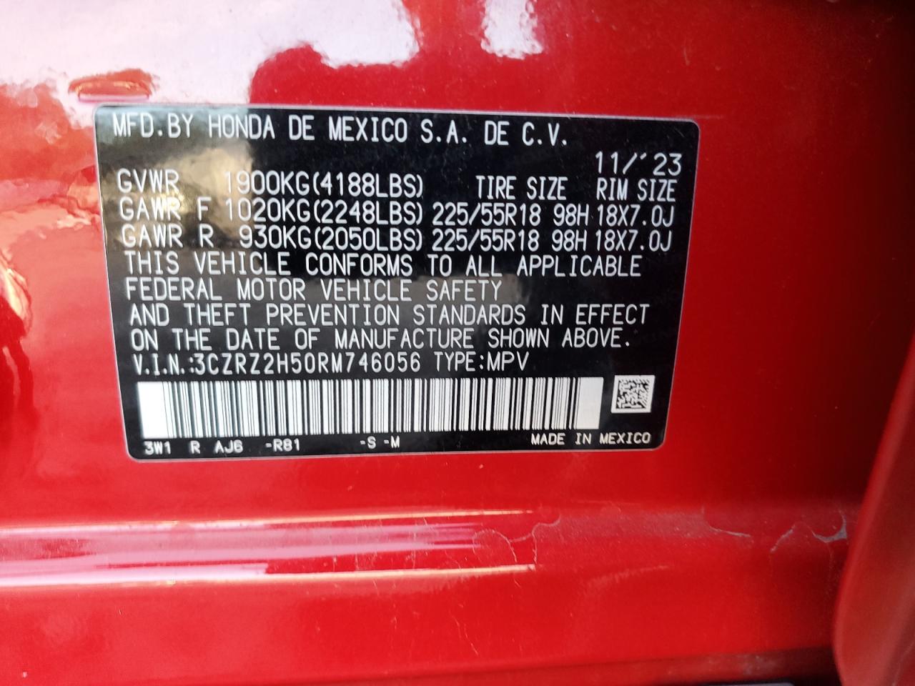 2024 HONDA HR-V SPORT VIN:3CZRZ2H50RM746056