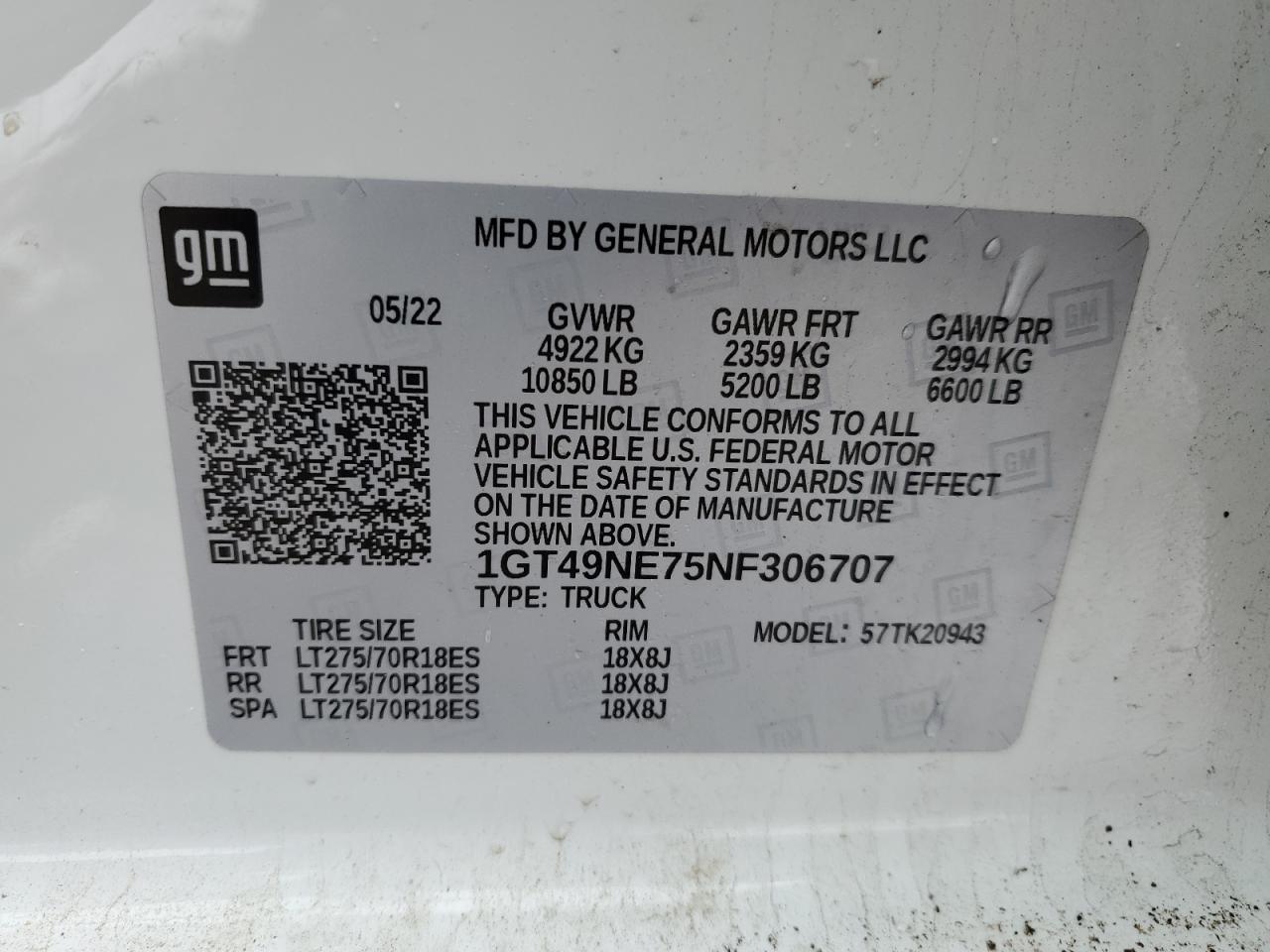 2022 GMC SIERRA K2500 SLT VIN:1GT49NE75NF306707