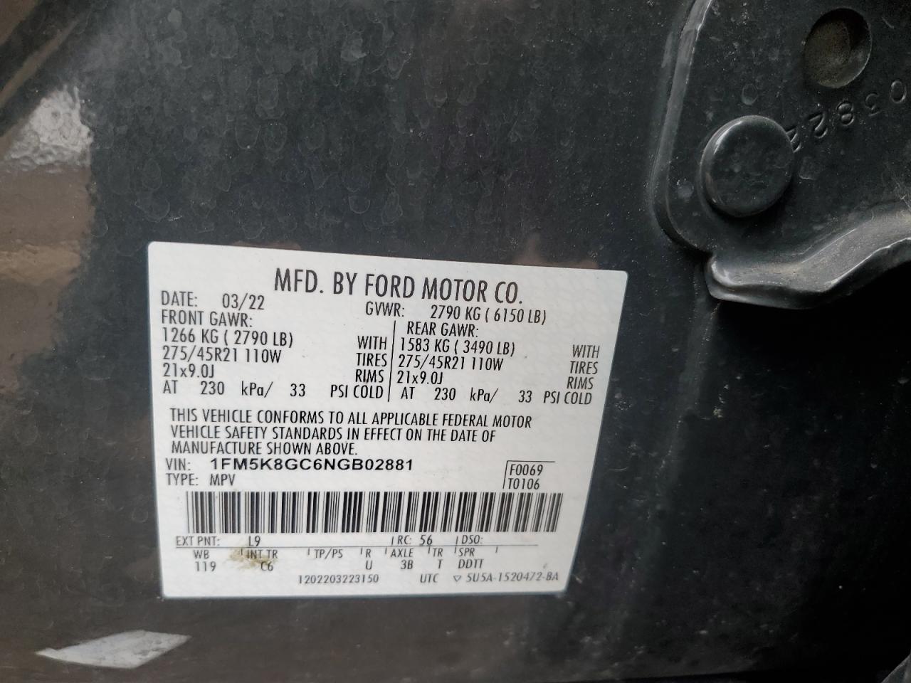 2022 FORD EXPLORER ST VIN:1FM5K8GC6NGB02881
