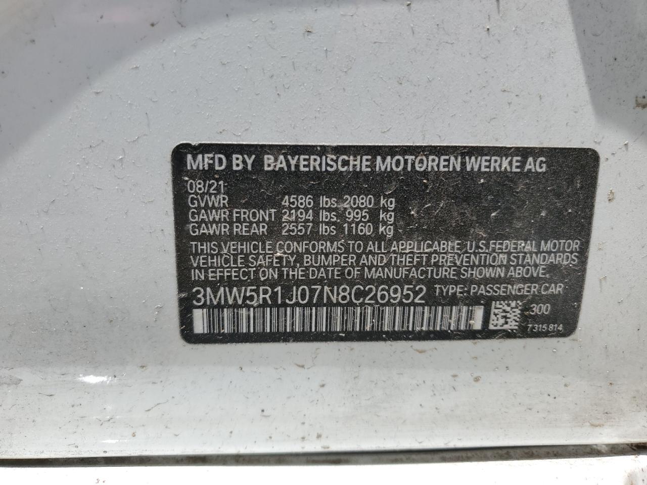 2022 BMW 330I VIN:3MW5R1J07N8C26952