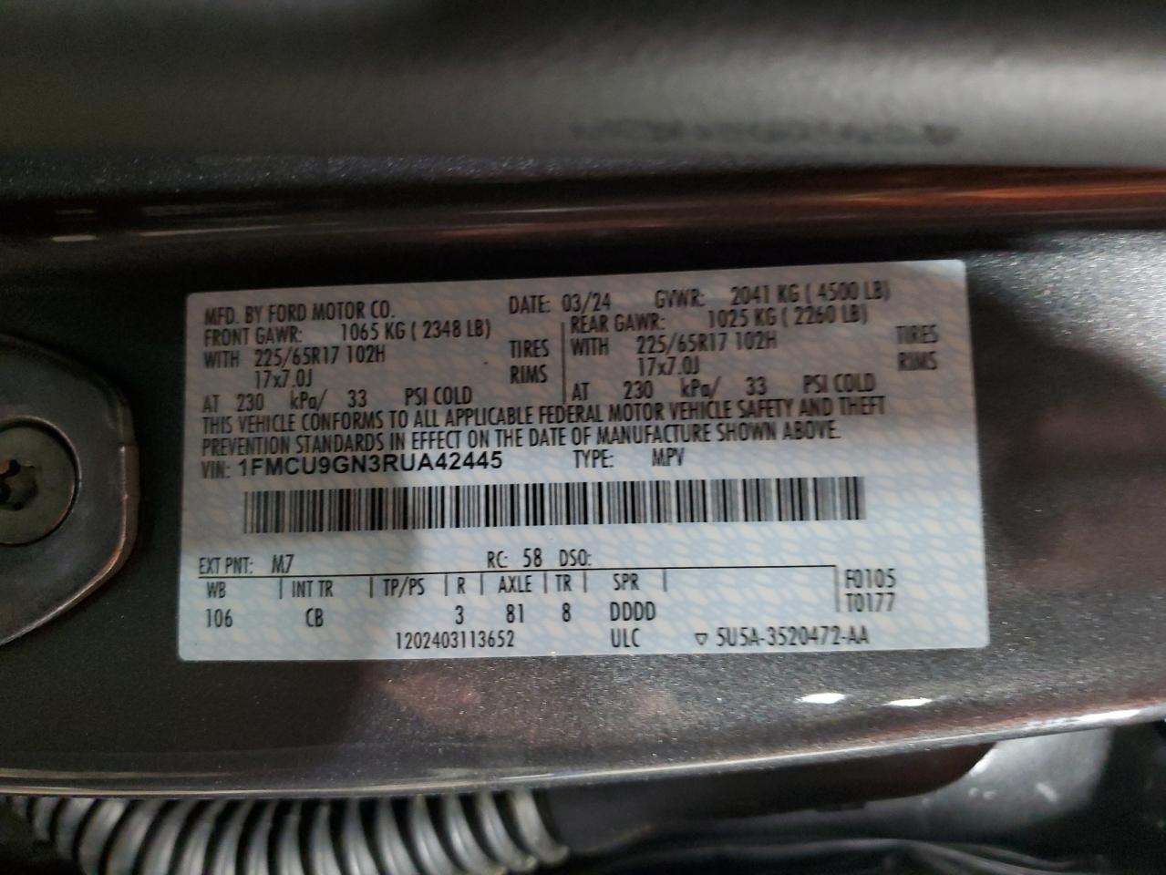 2024 FORD ESCAPE ACTIVE VIN:1FMCU9GN3RUA42445