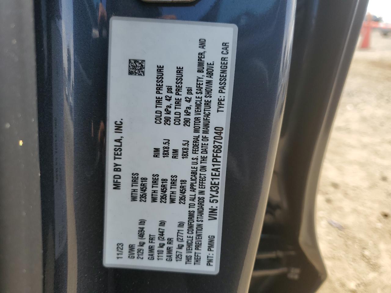 2023 TESLA MODEL 3 VIN:5YJ3E1EA1PF687040