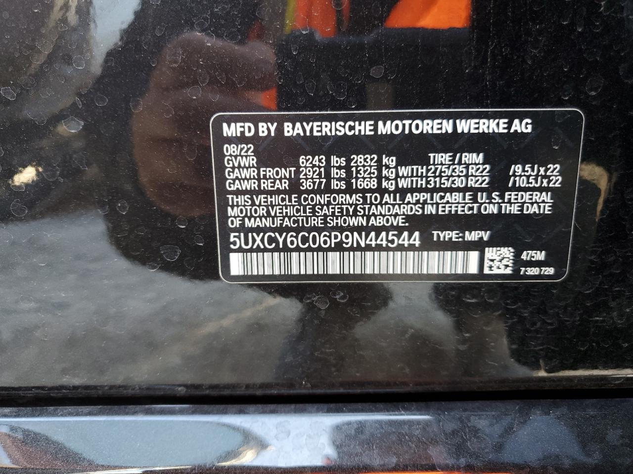 2023 BMW X6 XDRIVE40I VIN:5UXCY6C06P9N44544