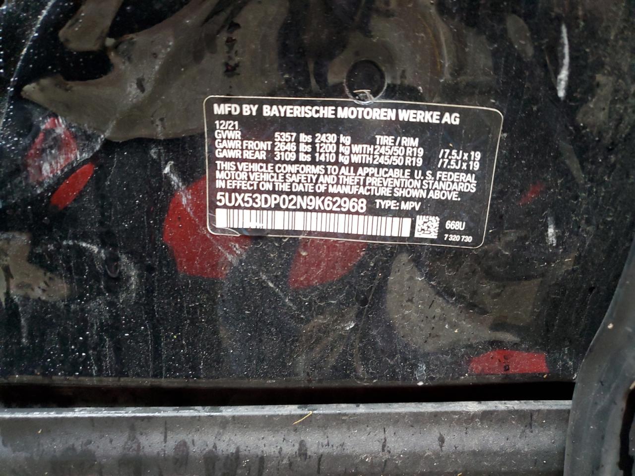 2022 BMW X3 XDRIVE30I VIN:5UX53DP02N9K62968