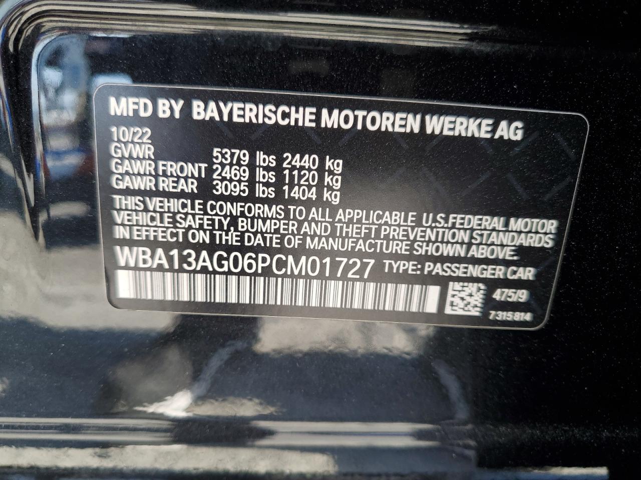 2023 BMW 530E VIN:WBA13AG06PCM01727