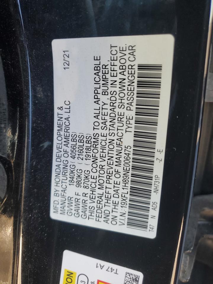 2022 HONDA CIVIC SPORT TOURING VIN:19XFL1H89NE006475